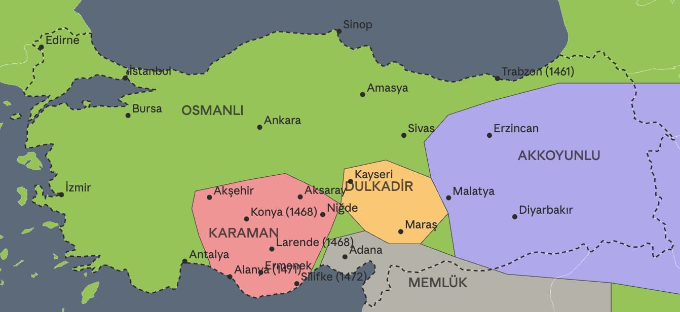 1464-1474 Karamanoğulları ve Osmanlı sınırlarını gösteren harita