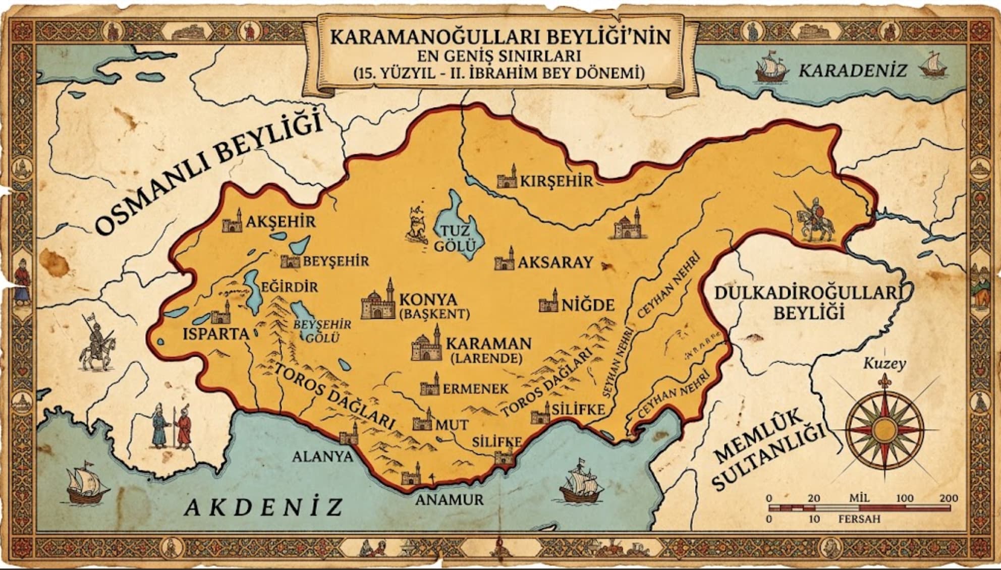 Karamanoğulları'nın en geniş sınırlara uzandığı harita temsili.