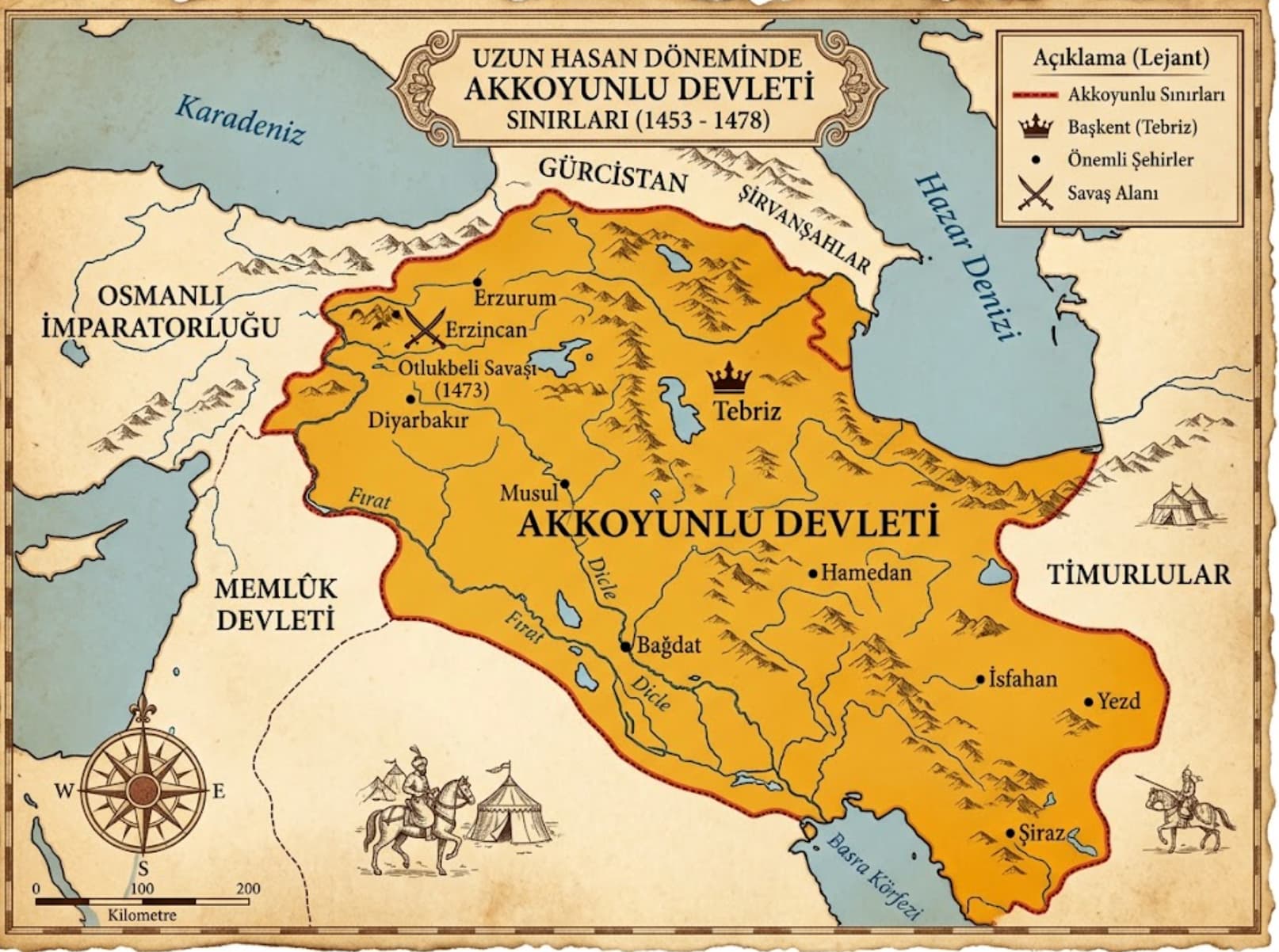 Uzun Hasan dönemindeki Akkoyunlu sınırları ve haritada gösterimi.
